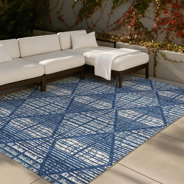 3' X 5' Blue And Charcoal Geometric Washable Indoor Outdoor Area Rug Homeroots Outdoor