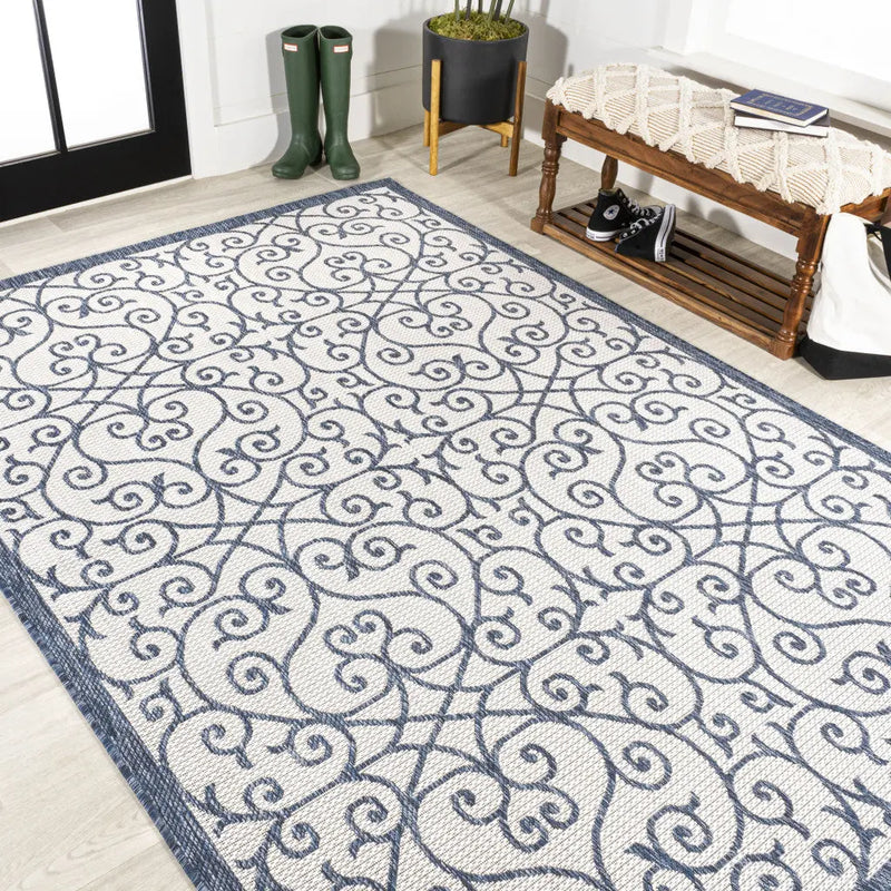 3' X 5' Blue And Cream Geometric Indoor Outdoor Area Rug Homeroots Outdoor