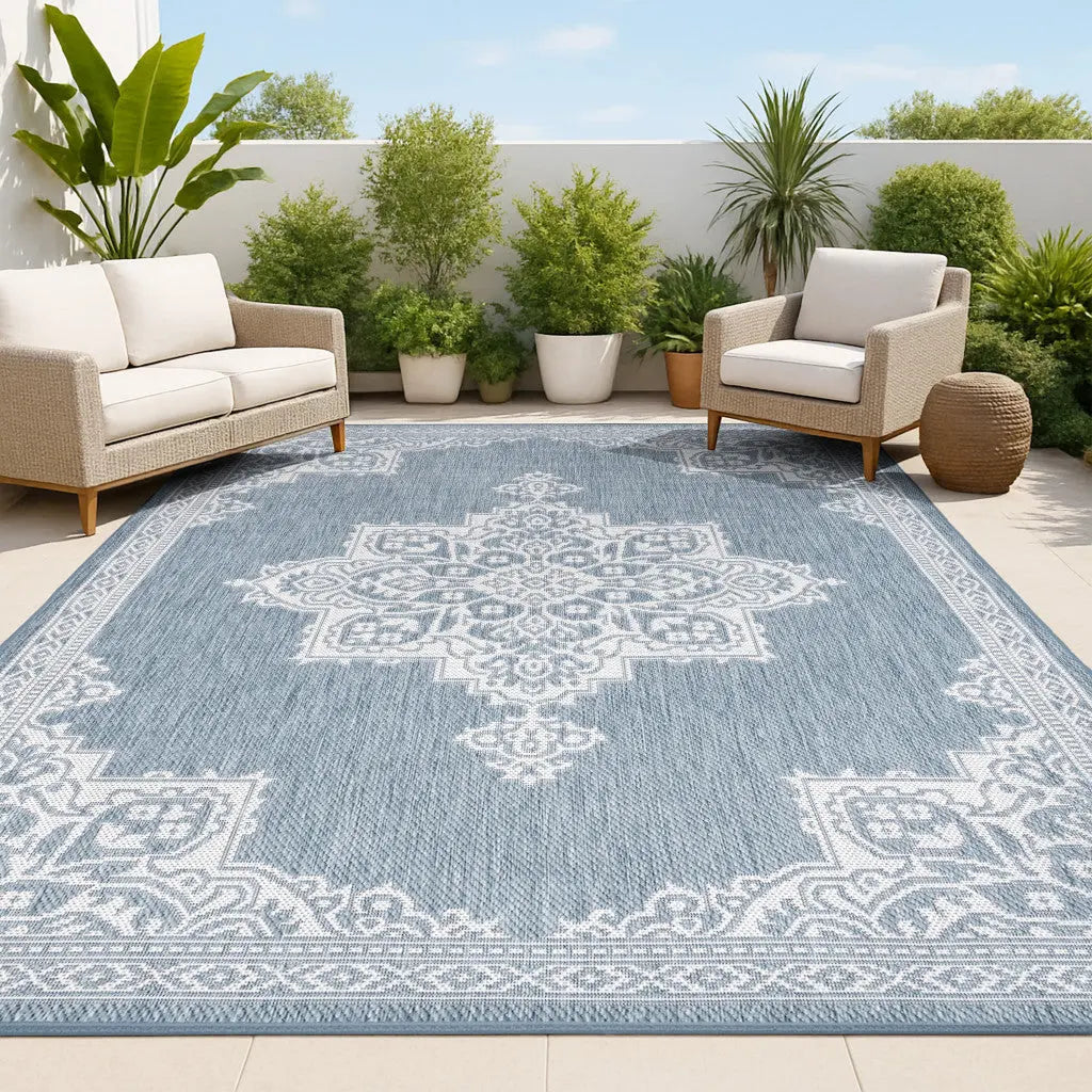 3' X 5' Blue And Cream Medallion Indoor Outdoor Area Rug Homeroots Outdoor