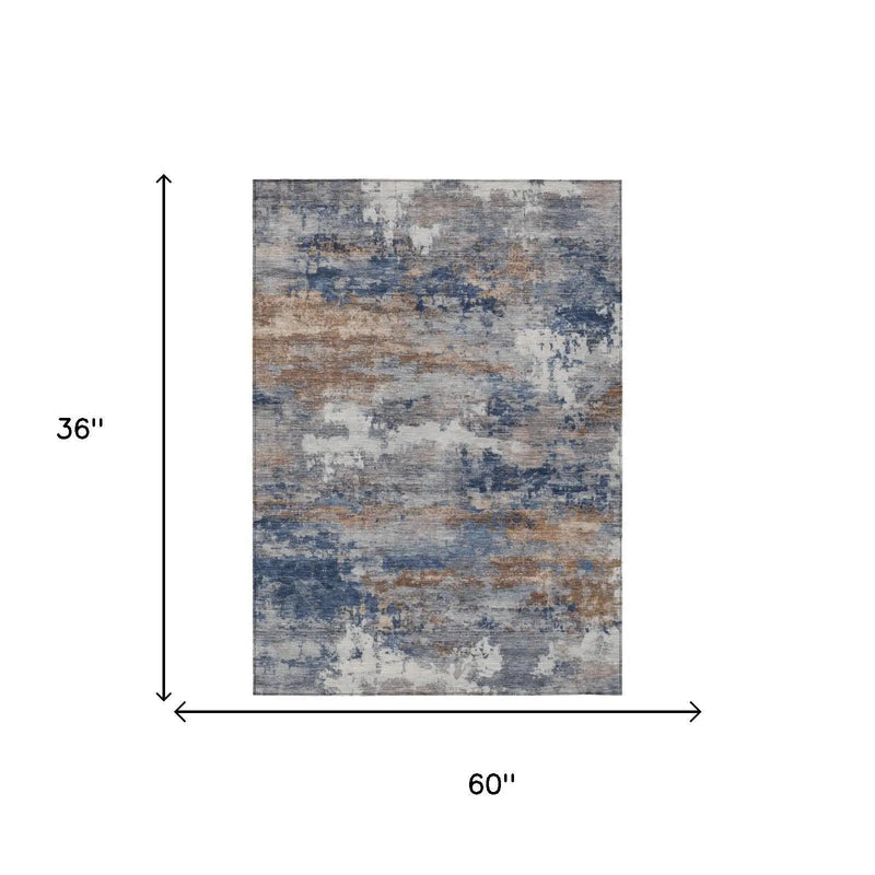 3' X 5' Blue And Graphite Abstract Washable Indoor Outdoor Area Rug Homeroots Outdoor
