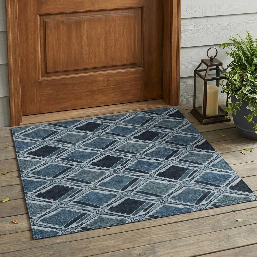3' X 5' Blue And Graphite Geometric Washable Indoor Outdoor Area Rug Homeroots Outdoor