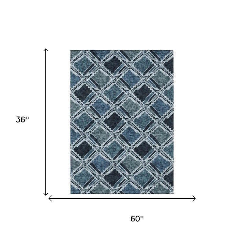 3' X 5' Blue And Graphite Geometric Washable Indoor Outdoor Area Rug Homeroots Outdoor