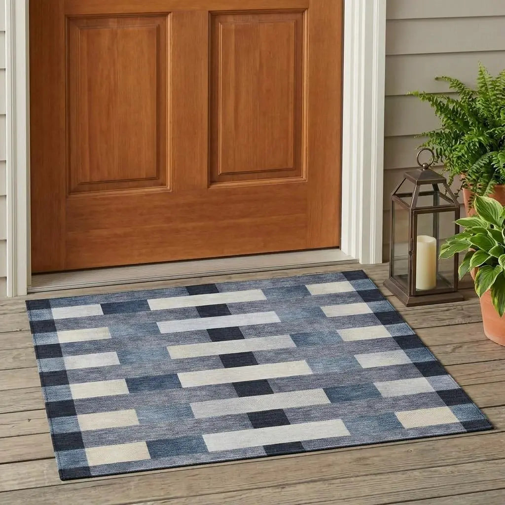 3' X 5' Blue And Graphite Striped Washable Indoor Outdoor Area Rug Homeroots Outdoor