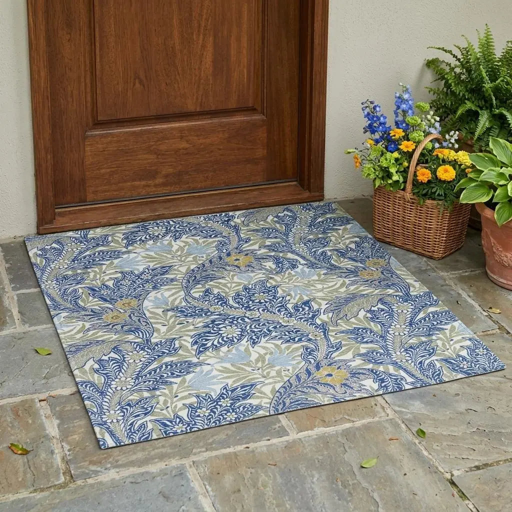 3' X 5' Blue And Gray Botanical Leaves Washable Indoor Outdoor Area Rug Homeroots Outdoor