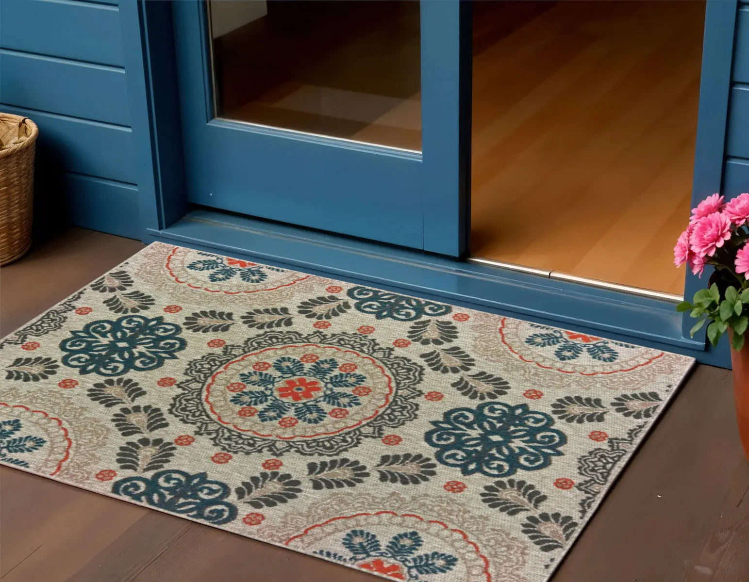 3' X 5' Blue And Gray Damask Indoor Outdoor Area Rug Homeroots Outdoor