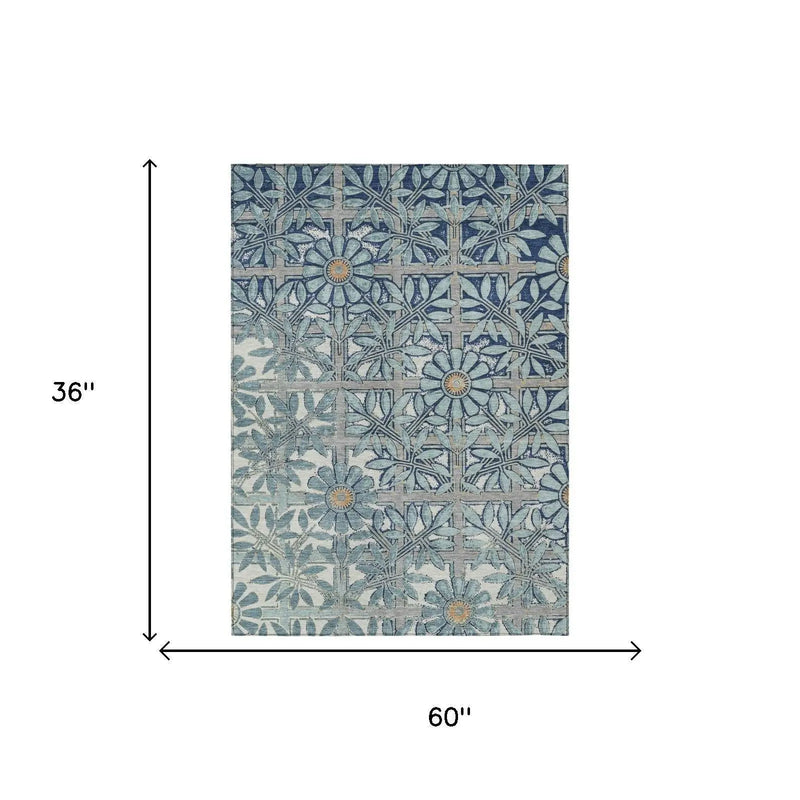 3' X 5' Blue And Gray Floral Washable Indoor Outdoor Area Rug Homeroots Outdoor