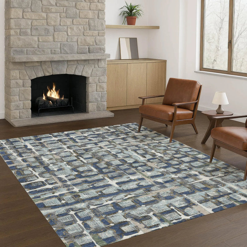 3' X 5' Blue And Gray Geometric Washable Indoor Outdoor Area Rug Homeroots Outdoor
