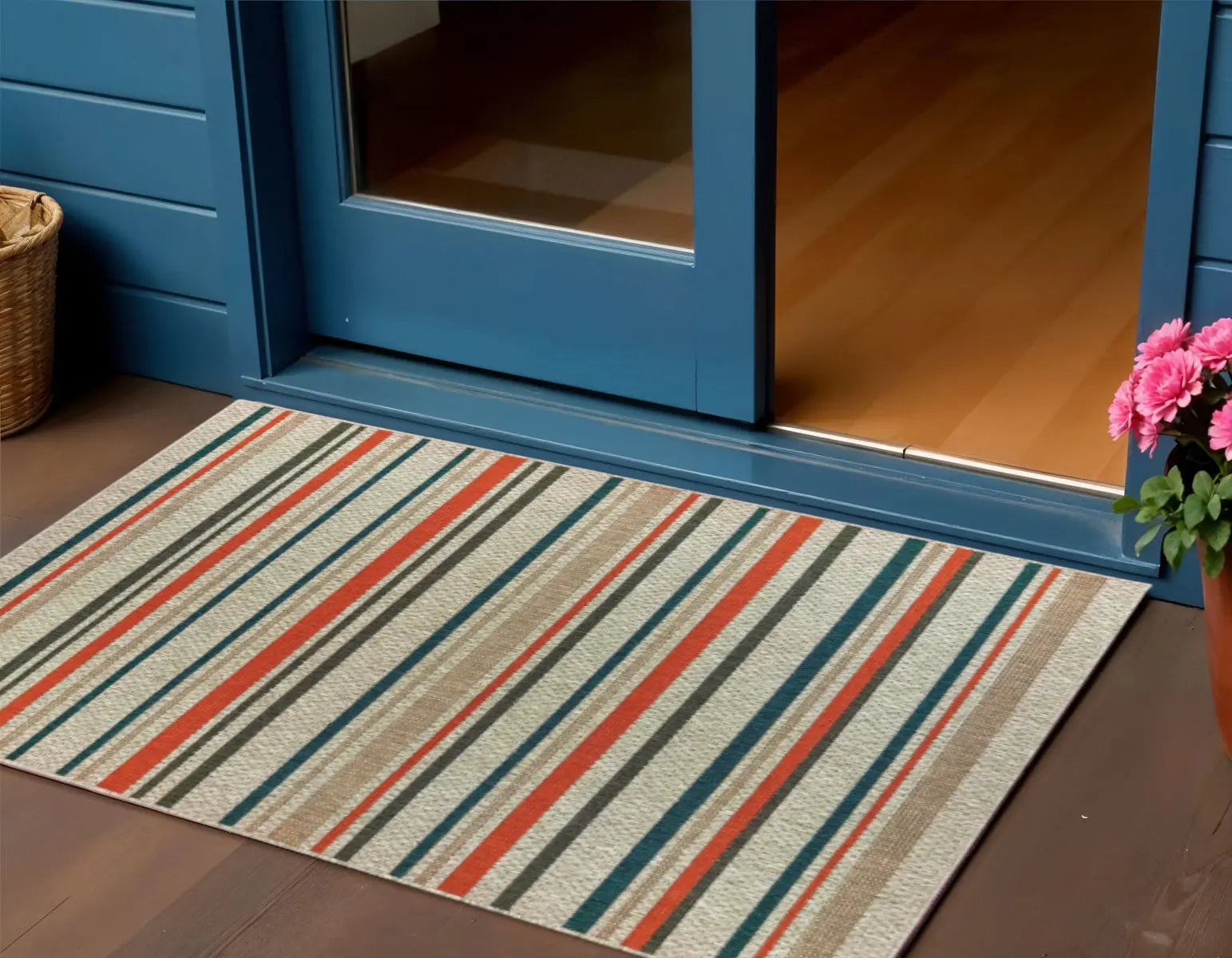 3' X 5' Blue And Gray Striped Indoor Outdoor Area Rug Homeroots Outdoor