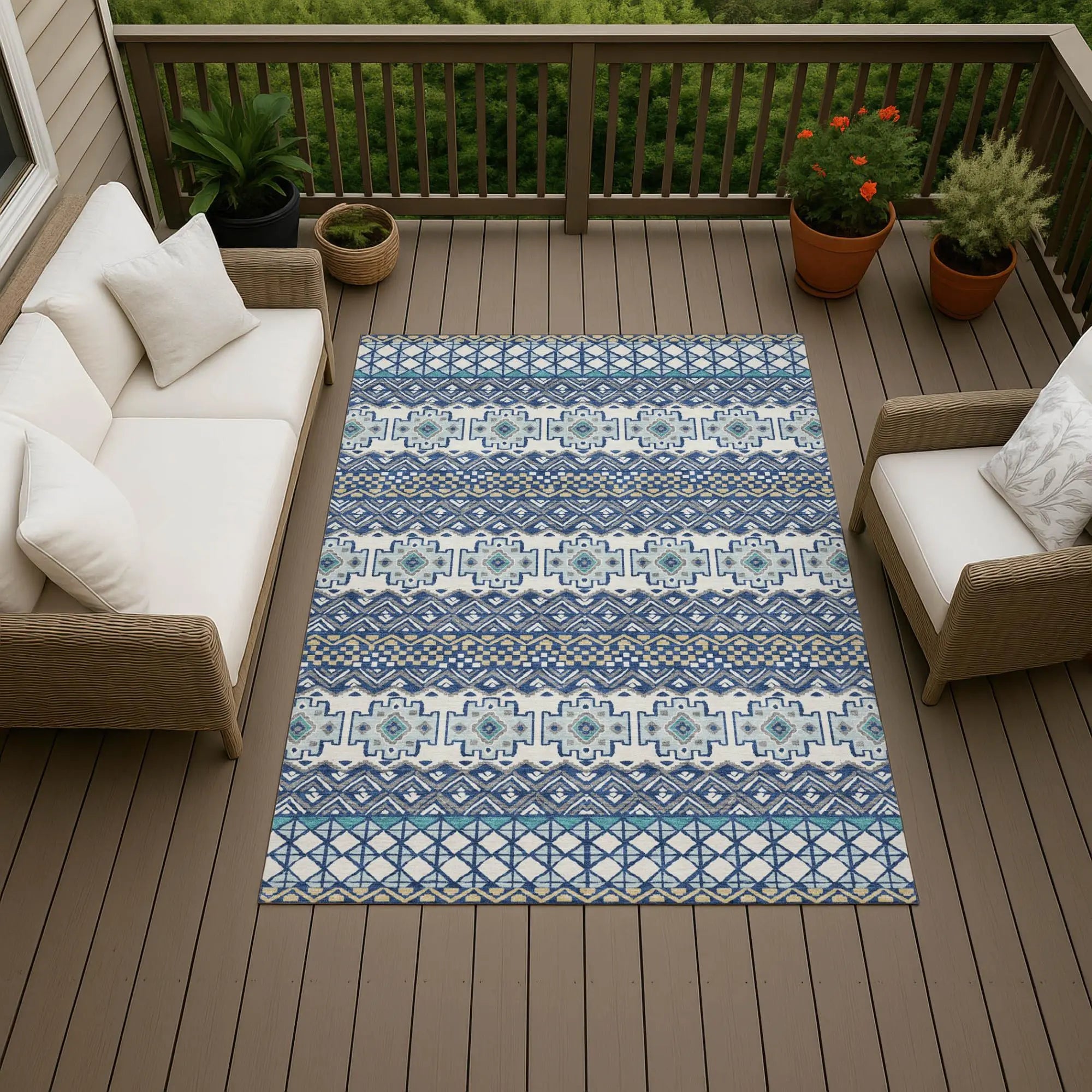 3' X 5' Blue And Gray Striped Washable Indoor Outdoor Area Rug Homeroots Outdoor