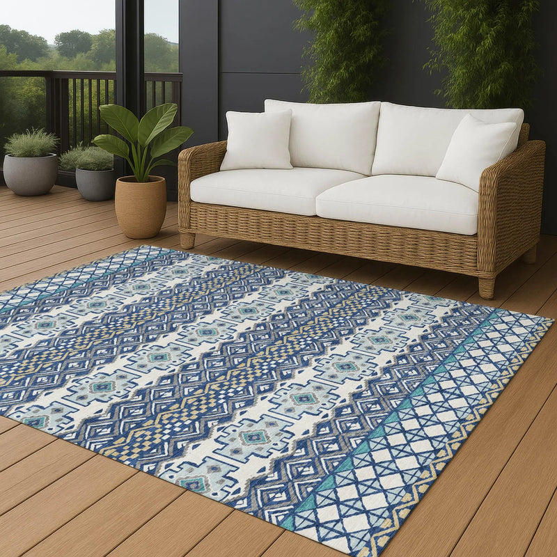 3' X 5' Blue And Gray Striped Washable Indoor Outdoor Area Rug Homeroots Outdoor
