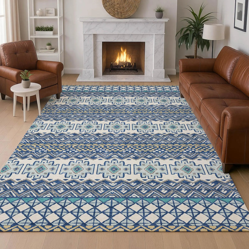 3' X 5' Blue And Gray Striped Washable Indoor Outdoor Area Rug Homeroots Outdoor