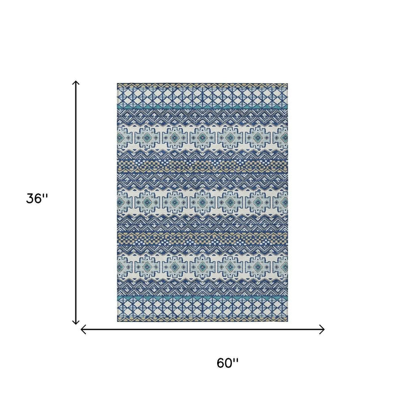 3' X 5' Blue And Gray Striped Washable Indoor Outdoor Area Rug Homeroots Outdoor