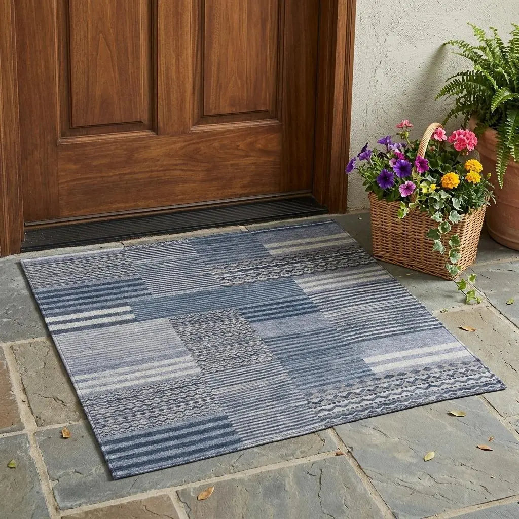 3' X 5' Blue And Gray Striped Washable Indoor Outdoor Area Rug Homeroots Outdoor