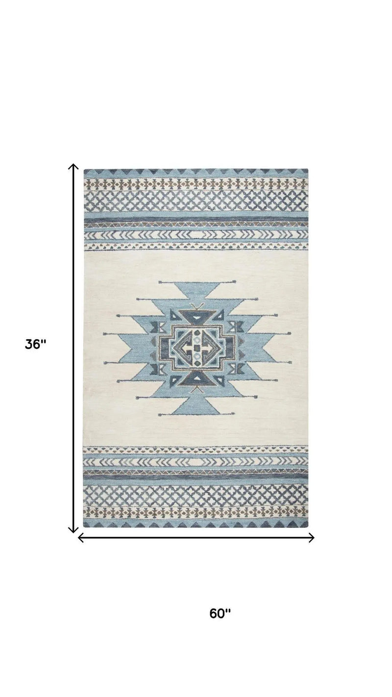 3' X 5' Blue And Ivory Wool Tribal Hand Tufted Area Rug Homeroots Home Decor