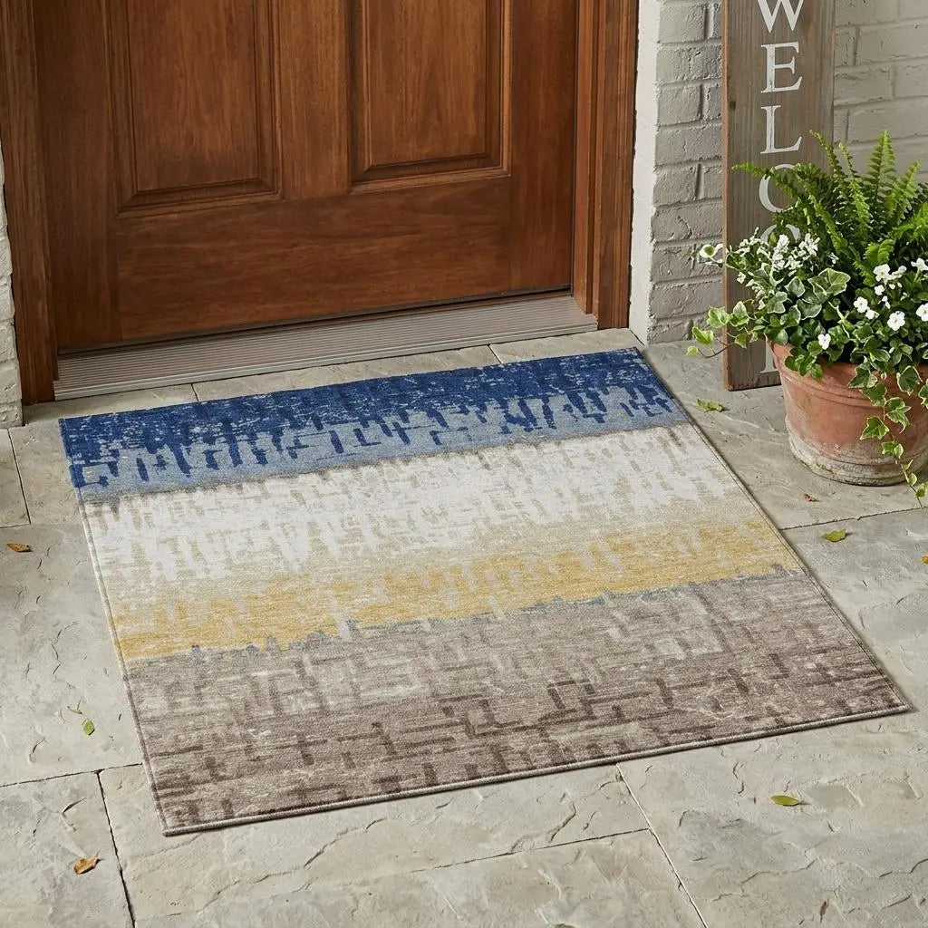 3' X 5' Blue And Khaki Striped Washable Indoor Outdoor Area Rug Homeroots Outdoor