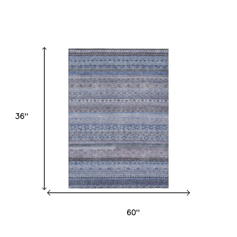 3' X 5' Blue And Lilac Striped Washable Indoor Outdoor Area Rug Homeroots Outdoor