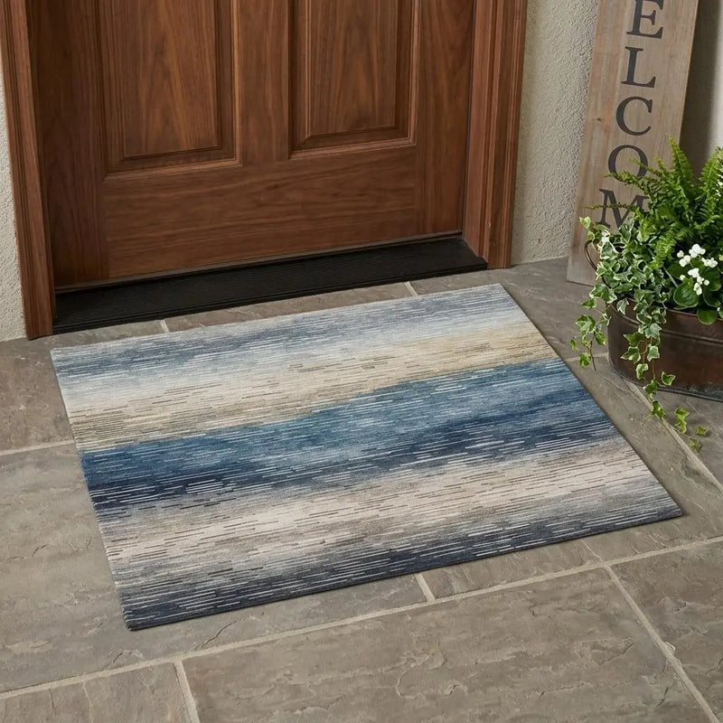 3' X 5' Blue And Linen Striped Washable Indoor Outdoor Area Rug Homeroots Outdoor
