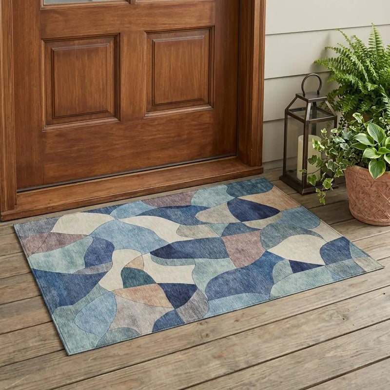 3' X 5' Blue And Navy Blue Abstract Washable Indoor Outdoor Area Rug Homeroots Outdoor