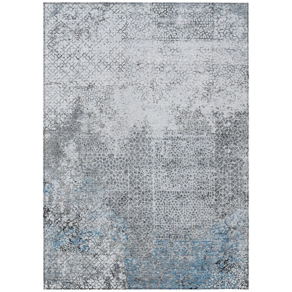Modern gray and blue area rug, abstract design in soft synthetic material, perfect for contemporary decor.