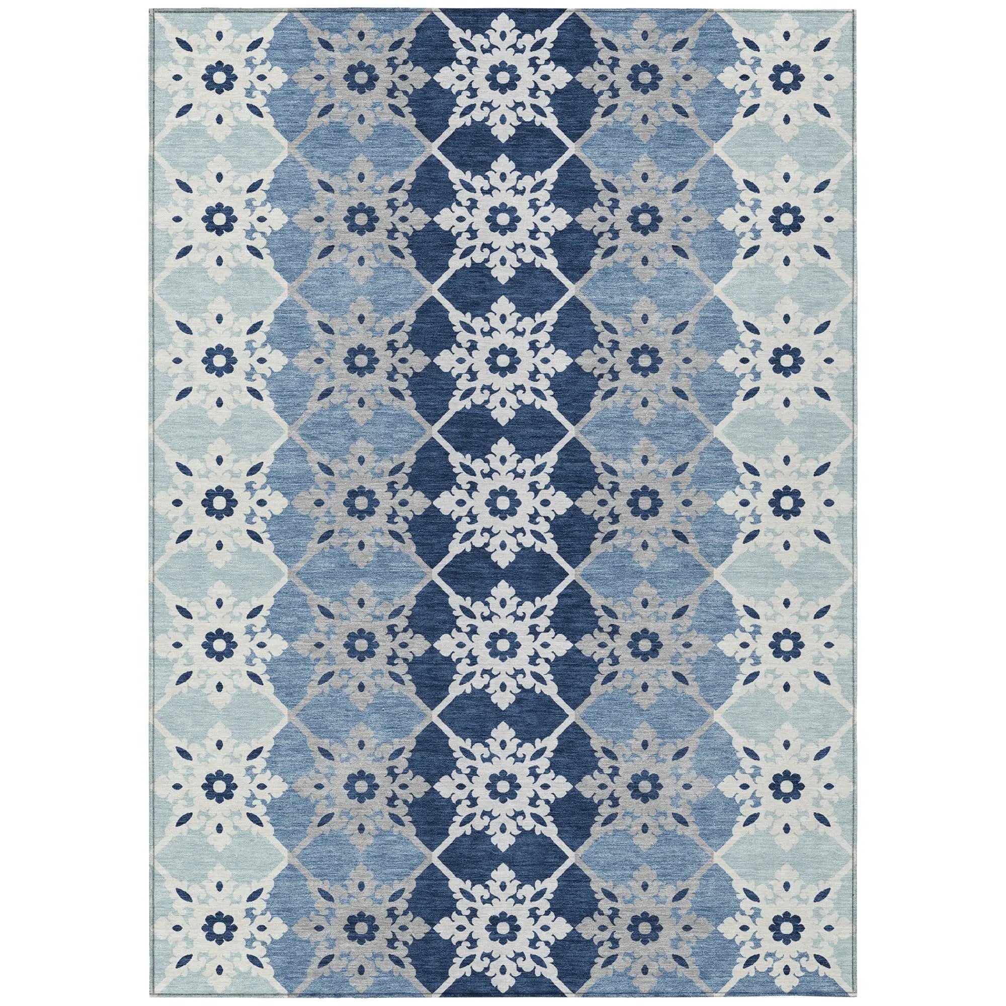 3' X 5' Blue And Pewter Floral Medallion Washable Indoor Outdoor Area Rug Homeroots Outdoor