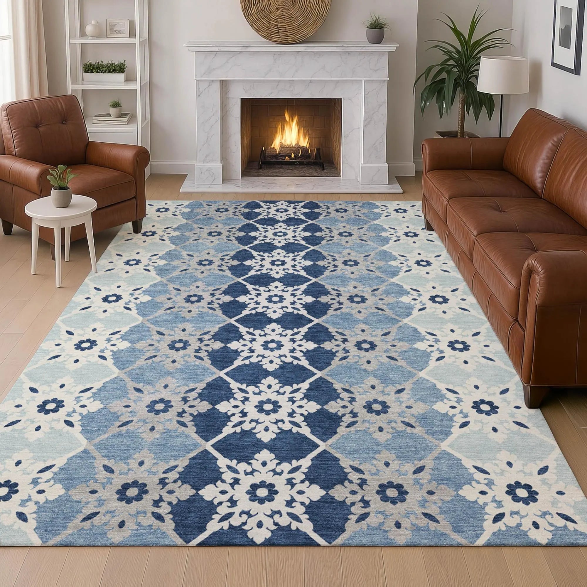 3' X 5' Blue And Pewter Floral Medallion Washable Indoor Outdoor Area Rug Homeroots Outdoor