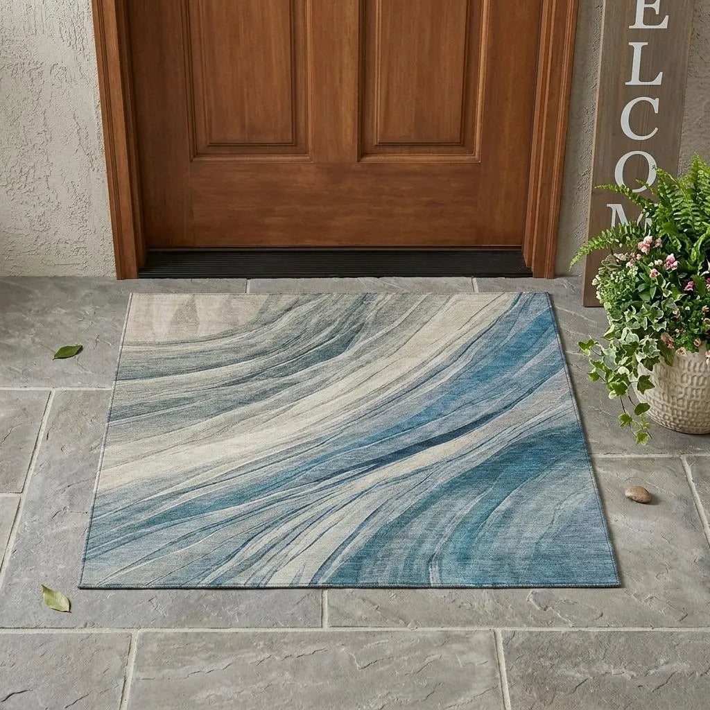 3' X 5' Blue And Silver Abstract Washable Indoor Outdoor Area Rug Homeroots Outdoor