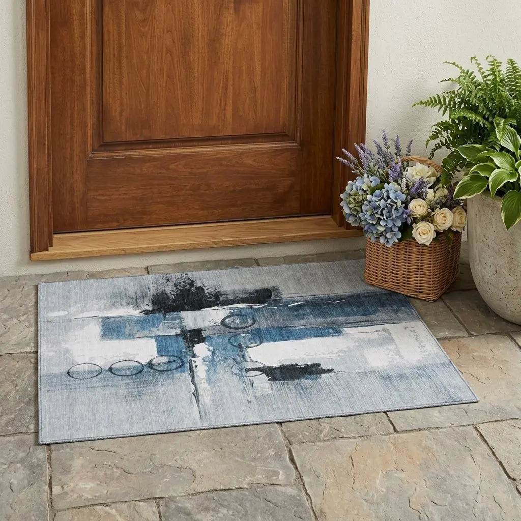 3' X 5' Blue And Silver Abstract Washable Indoor Outdoor Area Rug Homeroots Outdoor