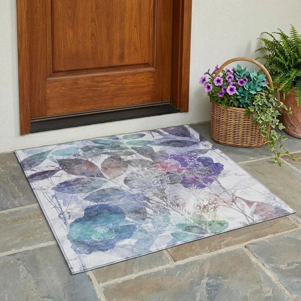 3' X 5' Blue And Silver Botanical Leaves Washable Indoor Outdoor Area Rug Homeroots Outdoor