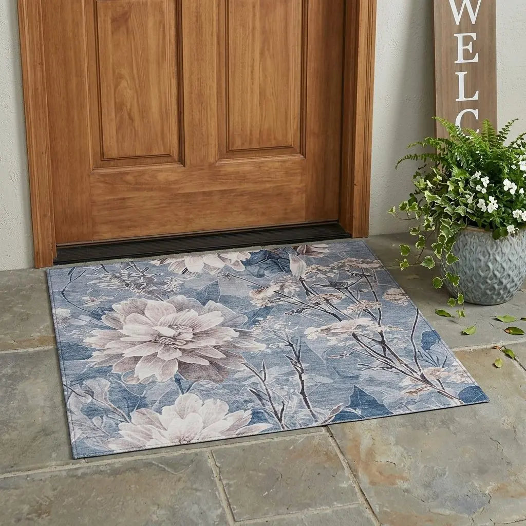 3' X 5' Blue And Silver Floral Washable Indoor Outdoor Area Rug Homeroots Outdoor