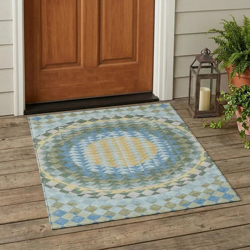 3' X 5' Blue And Silver Geometric Washable Indoor Outdoor Area Rug Homeroots Outdoor