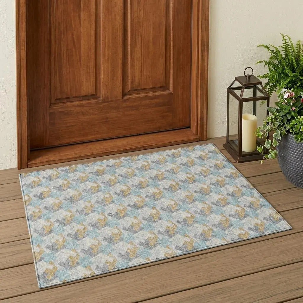3' X 5' Blue And Silver Geometric Washable Indoor Outdoor Area Rug Homeroots Outdoor