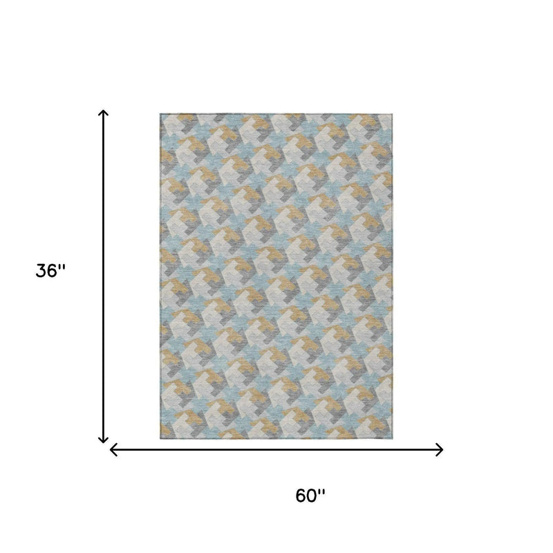 3' X 5' Blue And Silver Geometric Washable Indoor Outdoor Area Rug Homeroots Outdoor