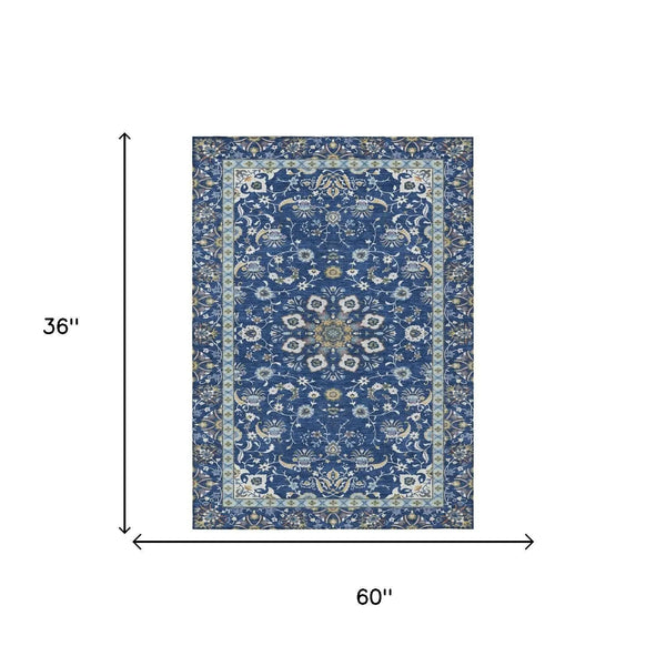 3' X 5' Blue And Silver Oriental Washable Indoor Outdoor Area Rug Homeroots Outdoor