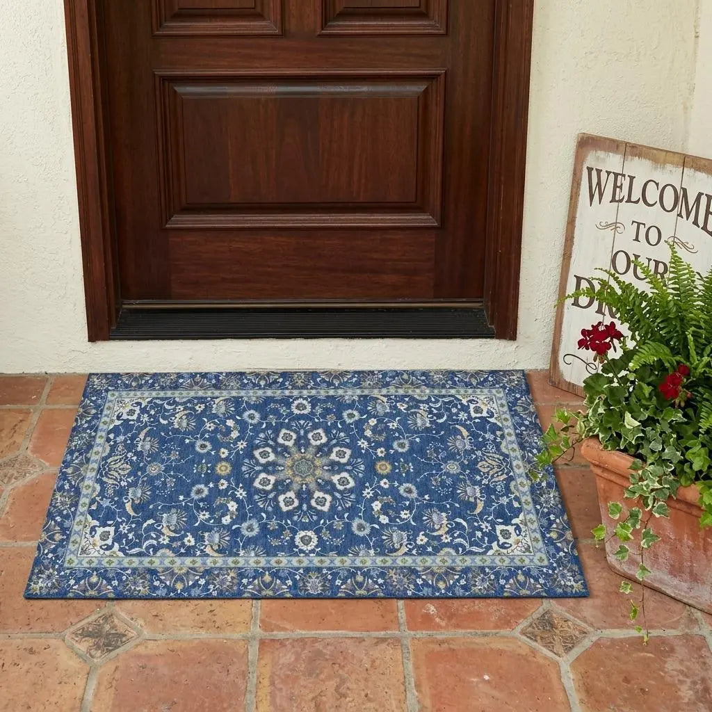 3' X 5' Blue And Silver Oriental Washable Indoor Outdoor Area Rug Homeroots Outdoor