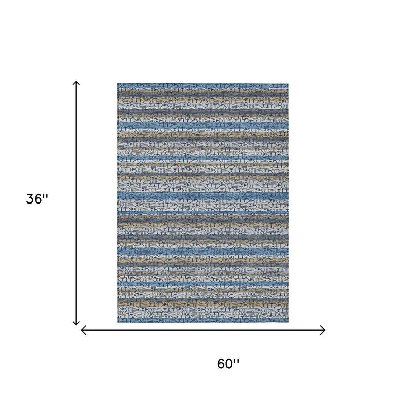 3' X 5' Blue And Silver Striped Washable Indoor Outdoor Area Rug Homeroots Outdoor