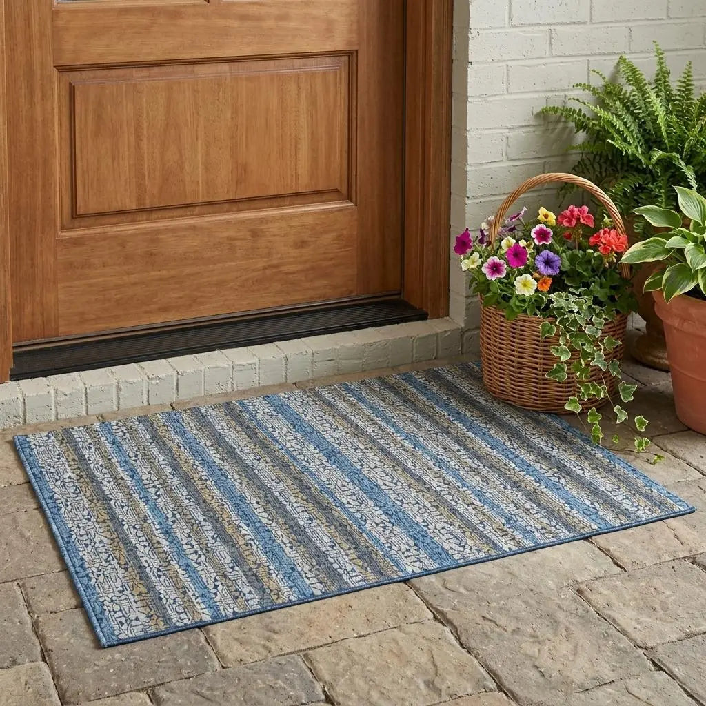 3' X 5' Blue And Silver Striped Washable Indoor Outdoor Area Rug Homeroots Outdoor