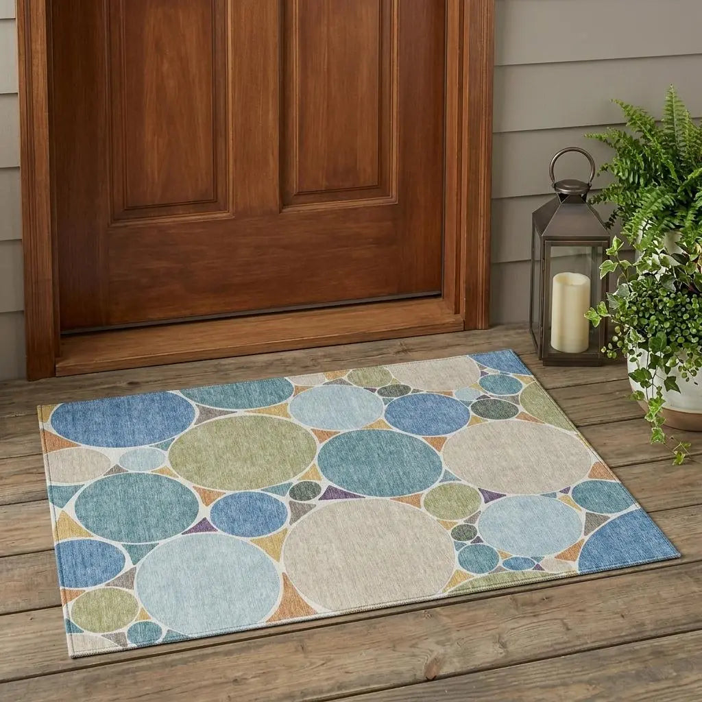 3' X 5' Blue And Teal Blue Geometric Washable Indoor Outdoor Area Rug Homeroots Outdoor
