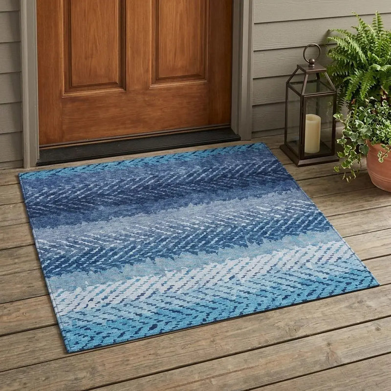3' X 5' Blue And Teal Blue Striped Washable Indoor Outdoor Area Rug Homeroots Outdoor