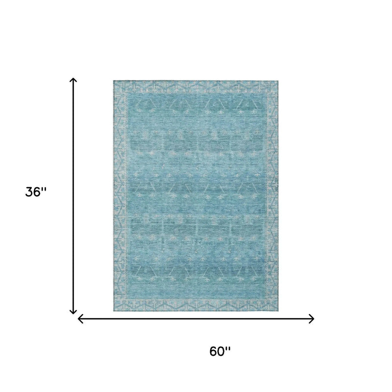 3' X 5' Blue And Teal Blue Tribal Washable Indoor Outdoor Area Rug Homeroots Outdoor
