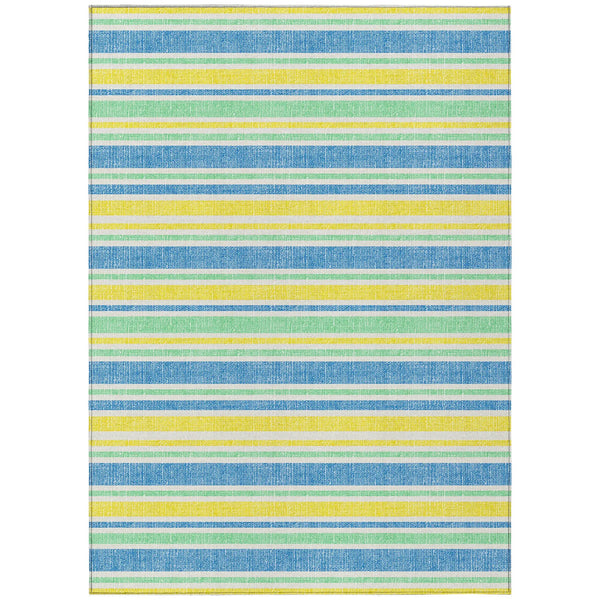 3' X 5' Blue Yellow and Green Striped Washable Non Skid Indoor Outdoor Area Rug Homeroots Outdoor
