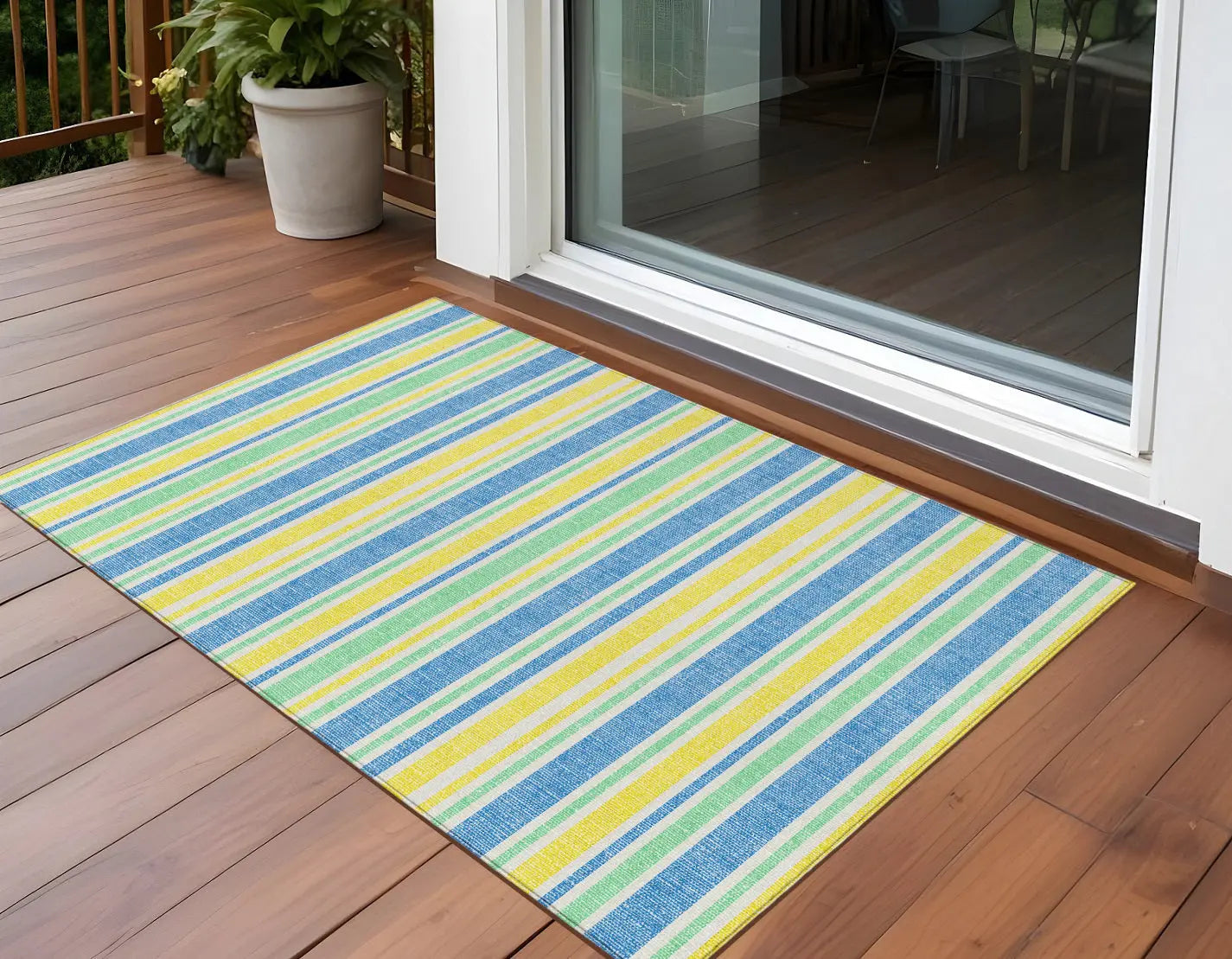3' X 5' Blue Yellow and Green Striped Washable Non Skid Indoor Outdoor Area Rug Homeroots Outdoor