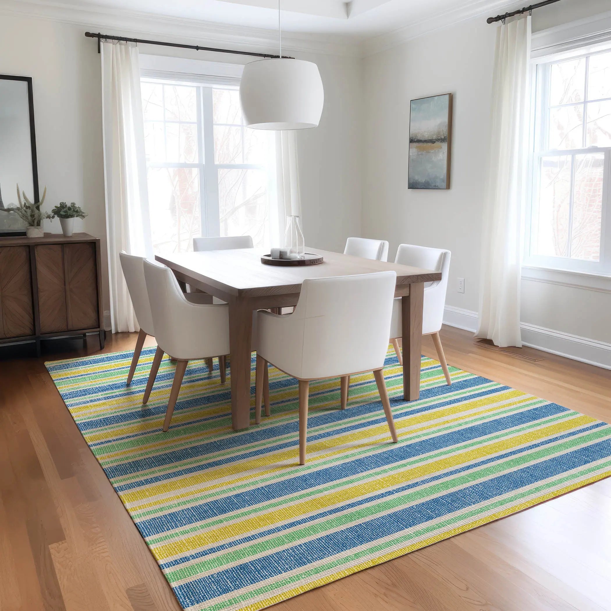 3' X 5' Blue Yellow and Green Striped Washable Non Skid Indoor Outdoor Area Rug Homeroots Outdoor