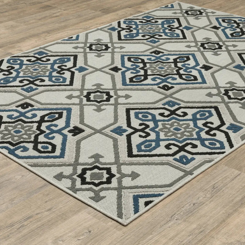 3' X 5' Blue and Beige Oriental Stain Resistant Indoor Outdoor Area Rug Homeroots Outdoor