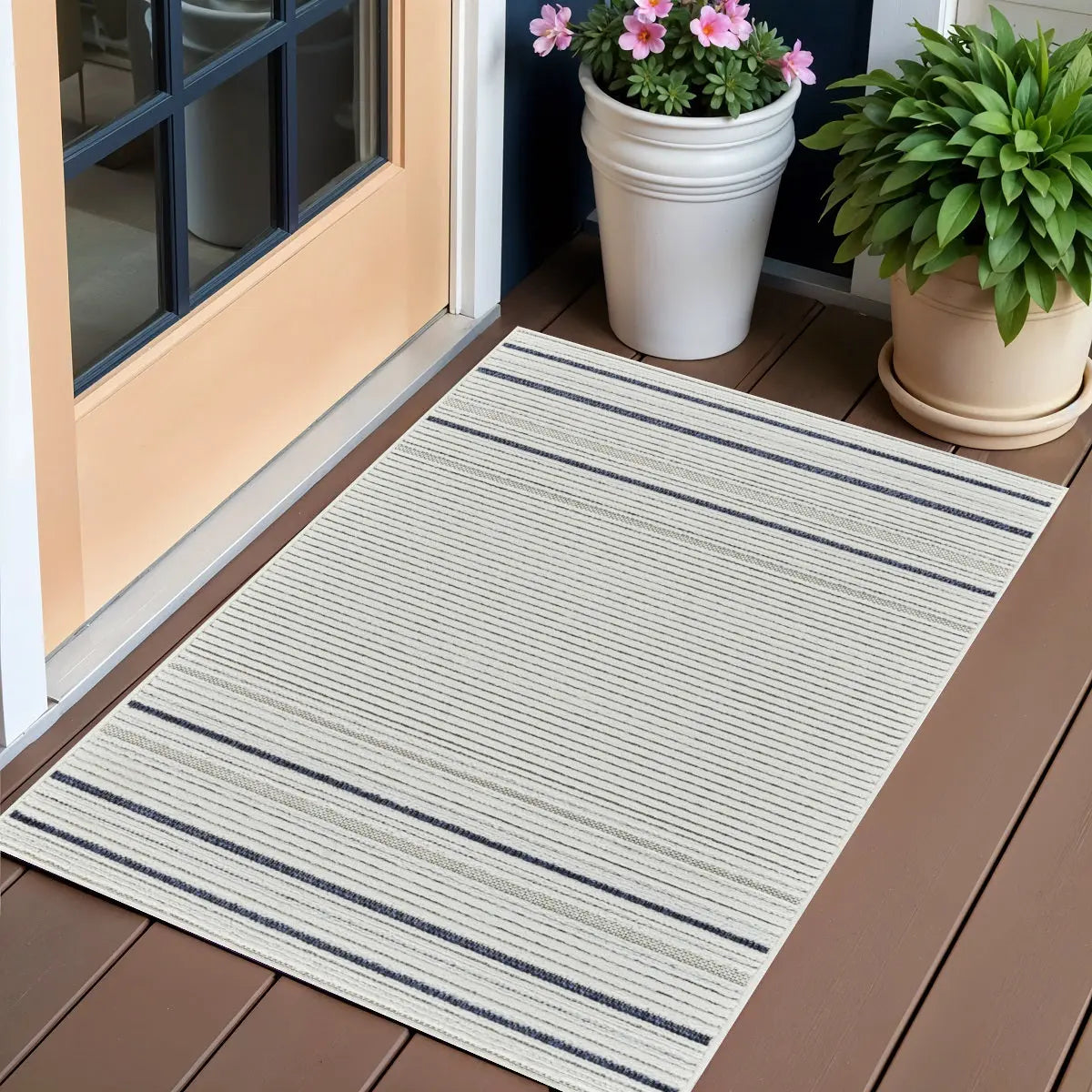3' X 5' Blue and Cream Striped Distressed Indoor Outdoor Area Rug Homeroots Outdoor