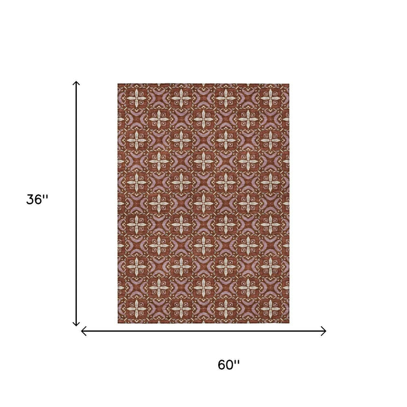 3' X 5' Brick Red And Red Geometric Washable Indoor Outdoor Area Rug Homeroots Outdoor