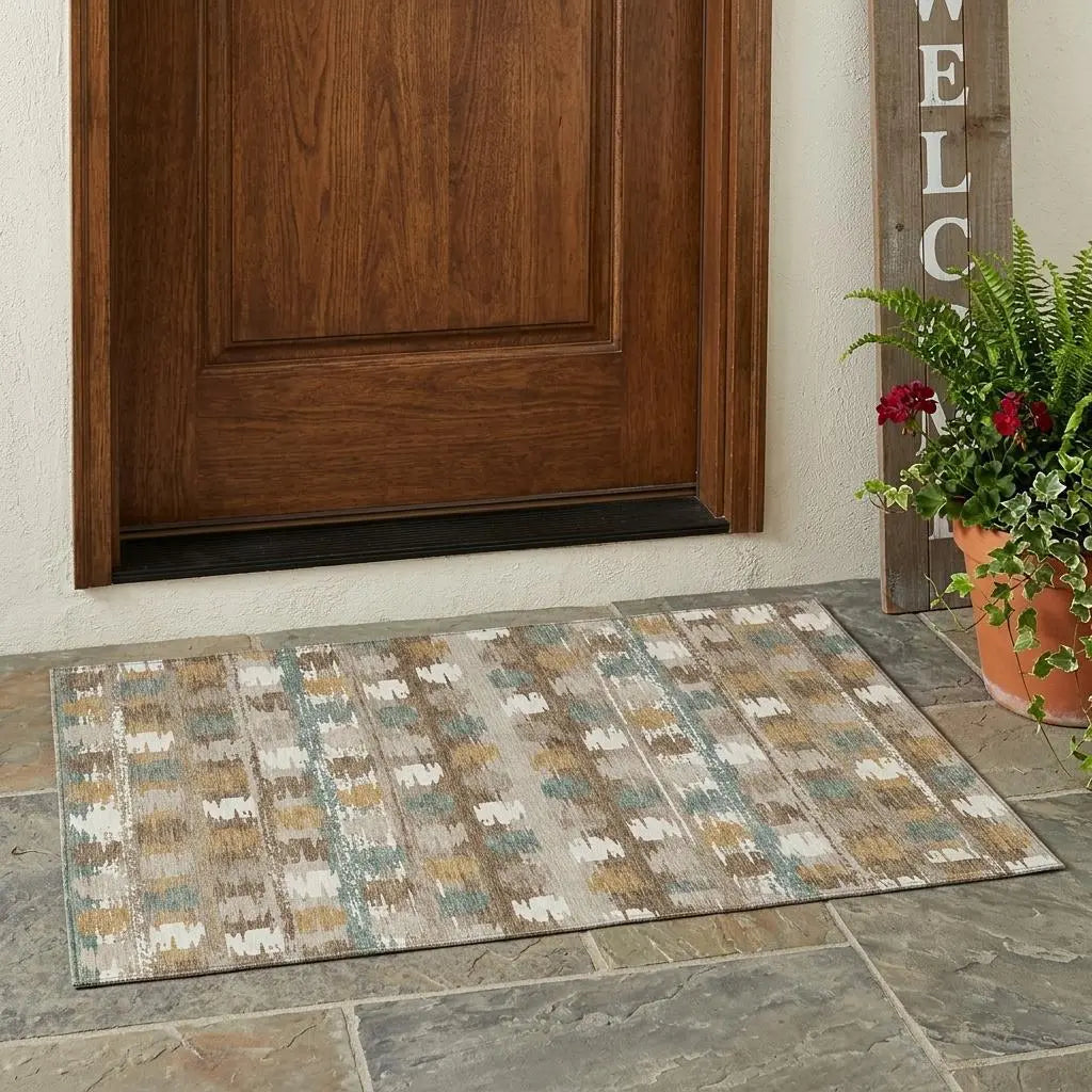 3' X 5' Brown And Aqua Abstract Washable Indoor Outdoor Area Rug Homeroots Outdoor