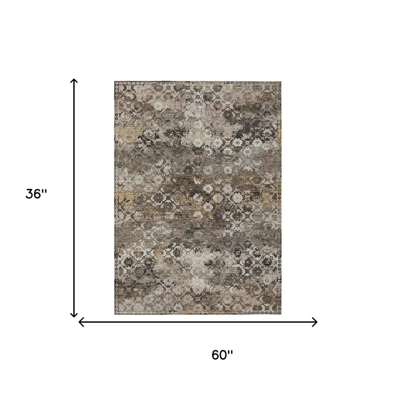 3' X 5' Brown And Beige Abstract Washable Indoor Outdoor Area Rug Homeroots Outdoor