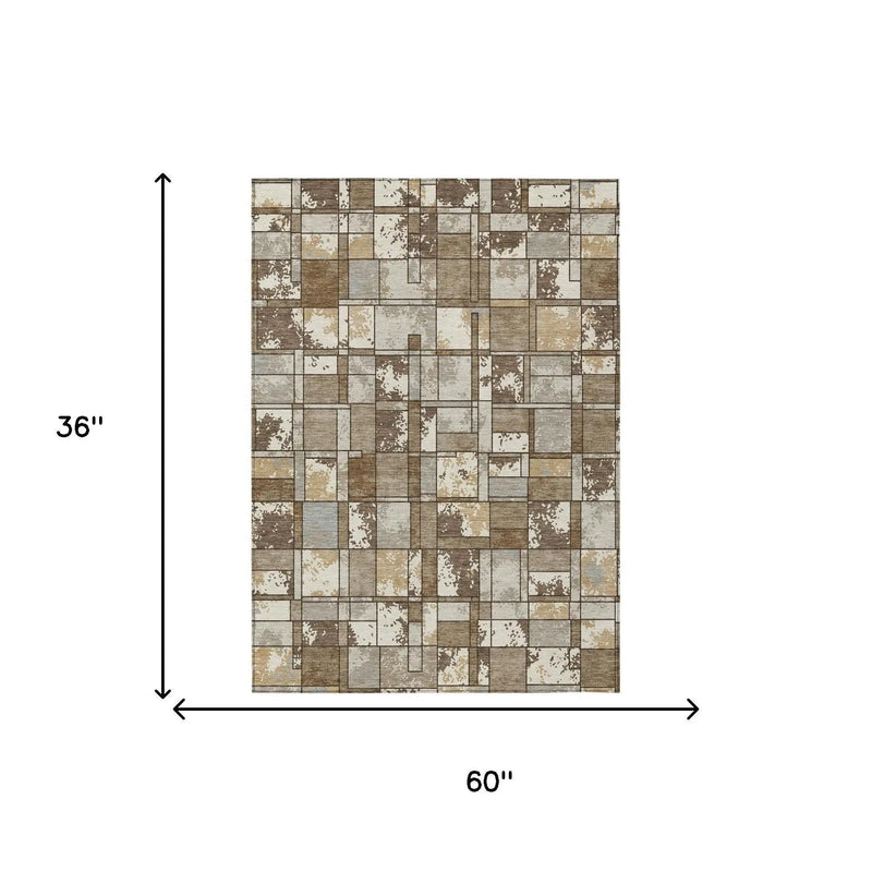 3' X 5' Brown And Beige Geometric Washable Indoor Outdoor Area Rug Homeroots Outdoor