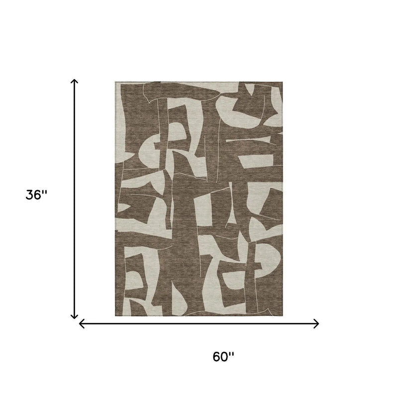 3' X 5' Brown And Beige Geometric Washable Indoor Outdoor Area Rug Homeroots Outdoor