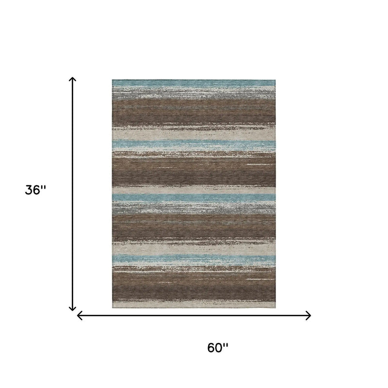 3' X 5' Brown And Beige Striped Washable Indoor Outdoor Area Rug Homeroots Outdoor